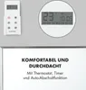 A remote control and a digital display are shown against a light gray background, with marketing text below. Produktbild-Vorschau
