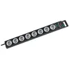 A black power strip with eight outlets is shown against a white background. Produktbild-Vorschau