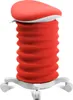A red and white ergonomic seat stool with wheels.