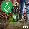A submersible pump is shown in flooded ground with a person's legs and boots visible in the background. A green circle with a water drop icon is in the upper left corner. Anteprima dell’immagine prodotto