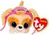 A plush toy dog with large eyes and pink accessories, with a red heart-shaped tag attached. Produktbild-Vorschau