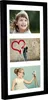 A black multi-photo frame with three different images: a young girl smiling, a person painting a heart on a wall, and a young girl taking a photo with a vintage camera. Produktbild-Vorschau
