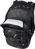 A black Satch Pack Ninja Matrix Schulrucksack with its front pocket open, revealing internal compartments. Voir les images du produit