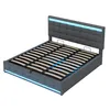 A grey upholstered bed frame with a headboard and integrated LED lighting. Náhľad obrázku produktu