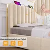 A bed with a padded headboard, showing a hand pressing into the padding and devices charging on the headboard. Icons and text are overlaid at the bottom. Náhľad obrázku produktu