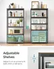 Two shelving units are shown side-by-side, with one unit highlighting adjustable shelf spacing. Text and diagrams explain the adjustability feature. Produktbild-Vorschau
