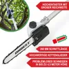 A close-up of a pole saw attachment with text overlays highlighting its features. Produktbild-Vorschau