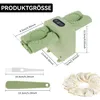 A product size chart with dimensions and accessories for a dumpling maker, alongside a plate of dumplings. Produktbild-Vorschau