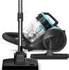 A black and blue bagless vacuum cleaner with its accessories is displayed against a white background.