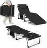 A collage of images showing a foldable lounge chair in different configurations: being carried, reclined, and laid flat with a face opening. Podgląd zdjęcia produktu