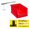 A red storage bin and a metal rail are shown against a white background, with product branding and specifications below. Produktbild-Vorschau