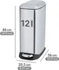 A silver pedal bin with dimensions indicated by measurement lines and text. Produktbild-Vorschau