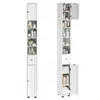 Two images of a tall, narrow white cabinet, one showing the cabinet closed and the other showing it open with various bathroom products inside. Produktbild-Vorschau