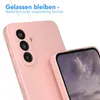 A pink smartphone case is shown with a close-up of its camera array. Another phone with its screen visible is placed in front of it. Produktbild-Vorschau