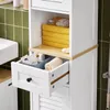 A white bathroom cabinet with an open drawer and shelves displaying towels and toiletries. Produktbild-Vorschau