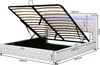 A white upholstered bed frame with its storage mechanism open, revealing dimensions and LED lighting. Produktbild-Vorschau