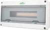 A white electrical distribution box with a transparent gray cover. Produktbild-Vorschau