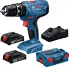 A Bosch cordless drill set with batteries, charger, and case, displayed on a white background. Voir les images du produit