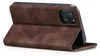 A brown flip case for an iPhone is shown from a side angle, propped open. Produktbild-Vorschau