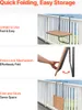 Collage showing how to unfold, fold, and store a balcony hanging table. Voir les images du produit