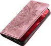 A pink leather phone case with a mandala design is shown open, revealing a red phone screen. Produktbild-Vorschau