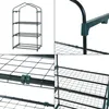 A collage of images showing a green greenhouse with three shelves, including close-ups of the shelves and frame. Voir les images du produit