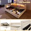 A collage of images showing a beige upholstered bed with storage, its open storage compartments, and its headboard. Produktbild-Vorschau