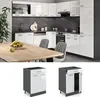 A modern kitchen with white high-gloss cabinets and a dark marble backsplash, featuring a wooden dining table in the foreground. Below the main kitchen scene are two separate images of kitchen base cabinets. Produktbild-Vorschau