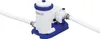 A white and blue swimming pool filter pump with hoses attached, shown on a white background. Voir les images du produit