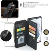 A collage of images showcasing a black leather wallet-style phone case with multiple card slots and a zipper compartment, along with close-ups of its features and magnetic closure. Produktbild-Vorschau