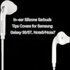 The image shows two white Samsung earbuds on a black background, with text overlay describing the product. Produktbild-Vorschau