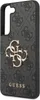 A close-up, angled view of a gray phone case with a repeating Guess logo pattern and a prominent gold Guess logo. Produktbild-Vorschau