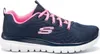 A side view of a navy blue Skechers sneaker with pink accents. Podgląd zdjęcia produktu