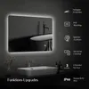 A modern bathroom scene featuring an illuminated LED mirror above a sink, with various product features highlighted with icons and text. Produktbild-Vorschau