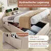 A bed with storage, showing its features like USB charging and storage pockets. Produktbild-Vorschau