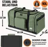 A green duffel bag with dimensions and capacity information displayed. Produktbild-Vorschau