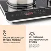 A close-up of an induction cooktop with text overlays highlighting features. Produktbild-Vorschau
