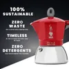 A red Bialetti Moka pot is shown with marketing text highlighting its features. Náhled obrázku produktu