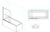 Diagram of a bathtub with a shower screen, including a top-down view with dimensions and a table of sizes. Produktbild-Vorschau