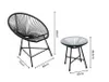 A black rattan chair and a black rattan side table with a glass top, with dimensions indicated by measurement lines and text. Náhled obrázku produktu