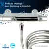 A close-up of a chrome shower mixer with a shower hose attached, set against a dark blue and white background with text and logos. Produktbild-Vorschau