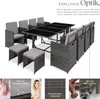 A rattan dining set with chairs and a table, along with close-up shots of cushions, rattan material, and hardware. Náhled obrázku produktu