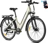 A gold electric bicycle is shown against a white background, with a hand holding a smartphone in the upper right corner. Produktbild-Vorschau