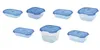 A collection of clear plastic food storage containers with blue lids, arranged on a white background. Produktbild-Vorschau