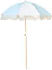 A light blue and white beach umbrella with fringe detail and a wooden pole, isolated on a white background. Produktbild-Vorschau