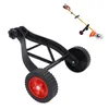 A black plastic support wheel attachment for a string trimmer, with two wheels, one red and one black, shown against a white background. A smaller image of a string trimmer is in the upper right corner. Náhled obrázku produktu