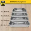 A stack of stainless steel rectangular pans of varying sizes, with dimensions listed next to them. Produktbild-Vorschau