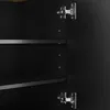 Close-up view of the interior of a black cabinet, showing metal hinges and shelves. Podgląd zdjęcia produktu