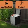 An outdoor storage box filled with cushions is shown in a garden setting, with promotional text overlays. Produktbild-Vorschau