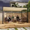 People relaxing on a patio under a pergola with a retractable roof. Voir les images du produit